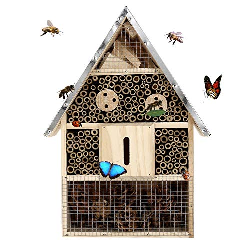 Buddy Wild Insect Hotel - 28x9.5x40cm Eco-Friendly Bug House for Bees Butterflies Insects in Garden - Kid Friendly Weather Resistant Hanging Bee Home From Natural Wood and Metal Roof