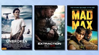 Movie covers for Broke, Mad Max and Extraction