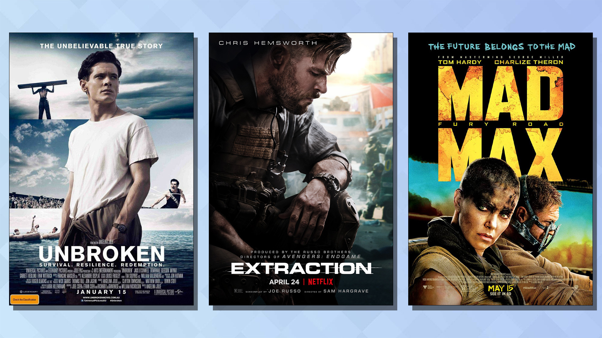 Film covers for Broke, Mad Max and Extraction