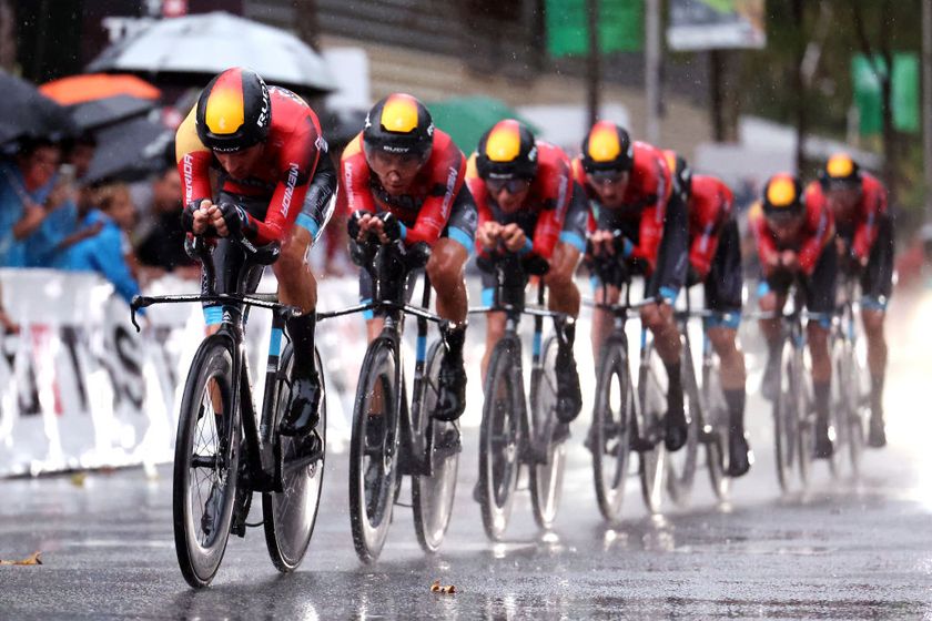 Team Bahrain Victorious competes in the team time trial at stage 1 at 2023 Vuelta a España