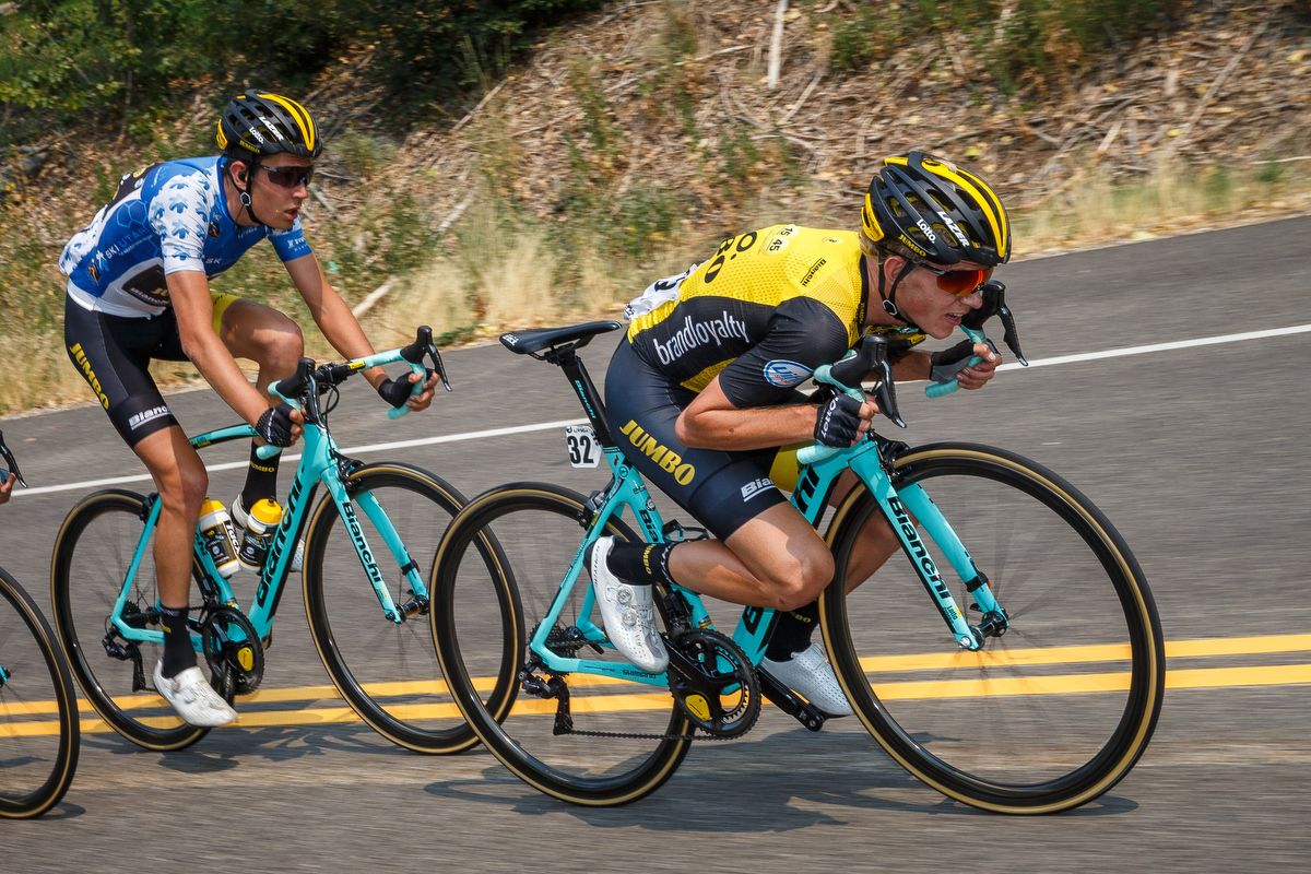 Koen Bouwman leads the LottoNL-Jumbo train on a descent during stage 5 in Utah