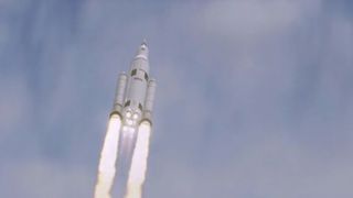 A still from a NASA-produced animation imagines the new Space Launch System rocket flying through the clouds to space.