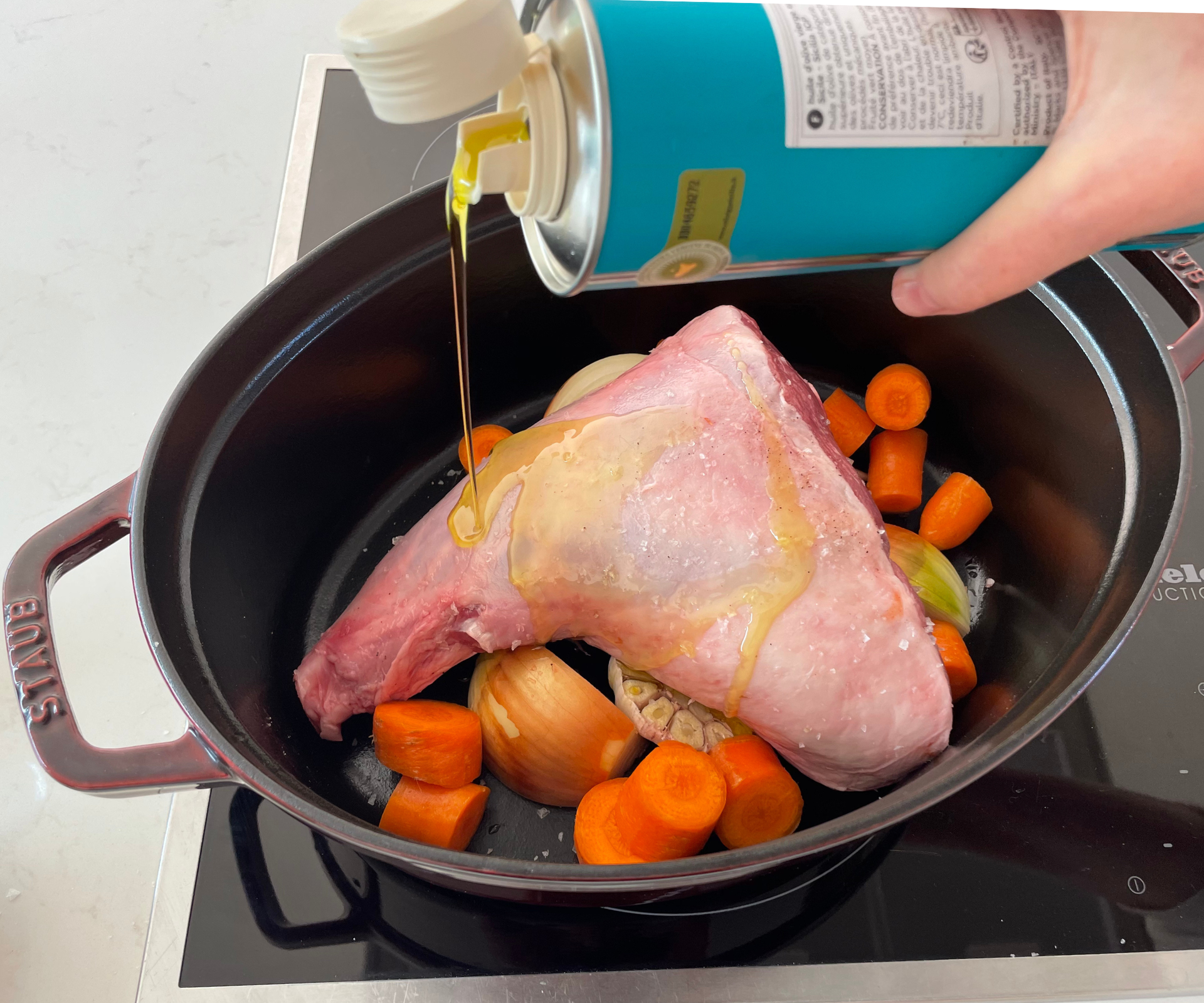 Staub Oval Cocotte cooking lamb in my test kitchen
