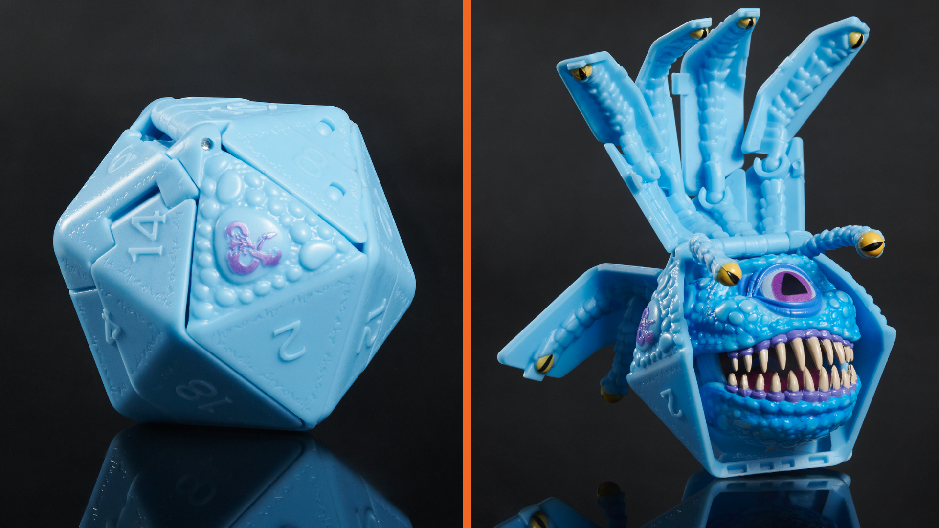 A blue d20 next to the Beholder it transforms into