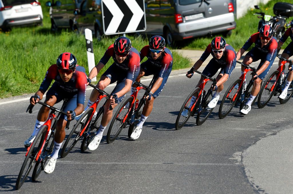 OULENSSOUSECHALLENS SWITZERLAND APRIL 28 LR Laurens De Plus of Belgium Andrey Amador Bikkazakova of Costa Rica and Ethan Hayter of United Kingdom and Team INEOS Grenadiers during the 75th Tour De Romandie 2022 Stage 2 a 1682km stage from challens to challens TDR2022 on April 28 2022 in OulenssousEchallens Switzerland Photo by Dario BelingheriGetty Images