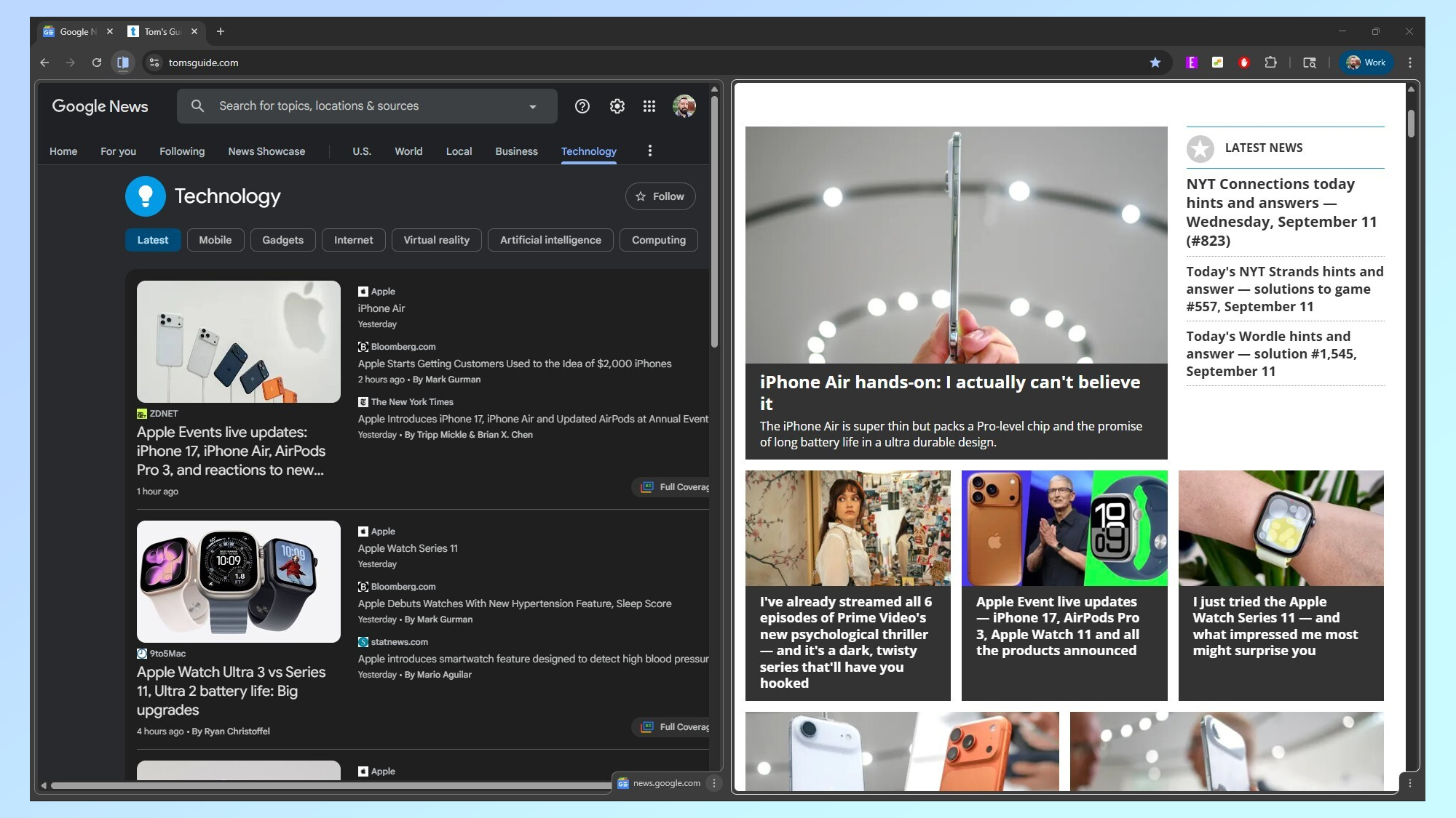 A screenshot showing two websites open at the same time in Chrome using the browser&#039;s new Split Tabs feature