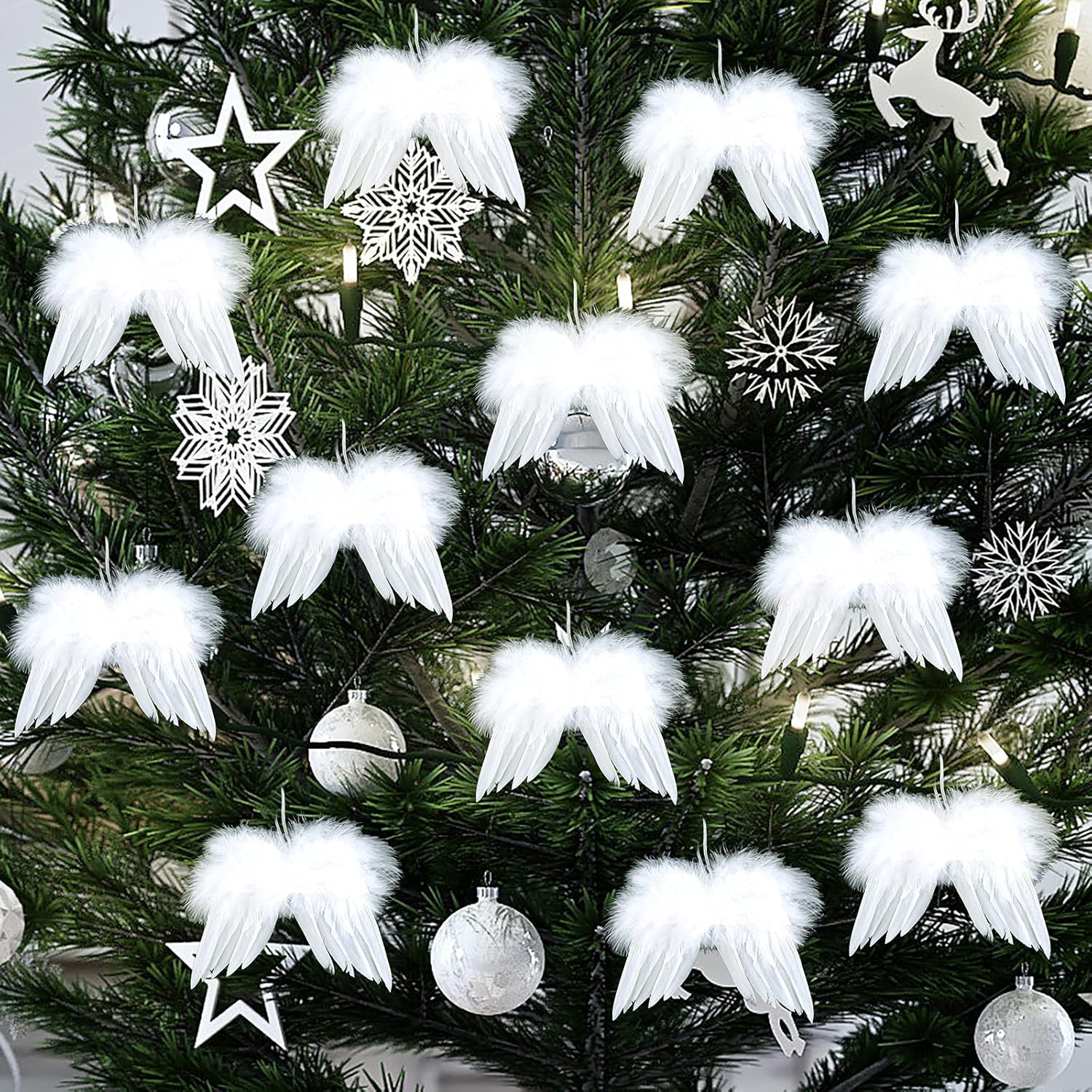 Elecland 12 Pcs White Feather Christmas Decorations - Vintage Ornaments, Angel Wings Tree Decoration for Diy Craft