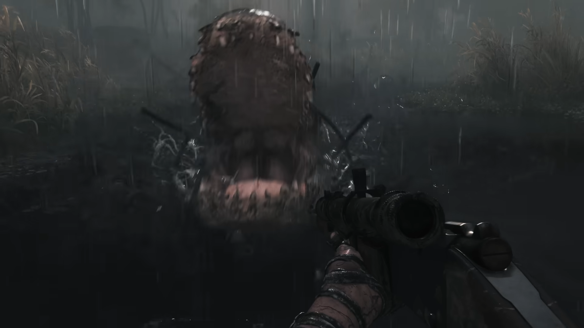The mouth of alligator boss Rotjaw emerges from the water to devour an unsuspecting player in Hunt: Showdown