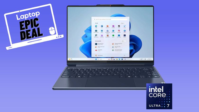 Blue Lenovo Yoga 9i Gen 9 2-in-1 laptop with Intel Core Ultra 7 CPU against blue gradient background with epic deal sticker.