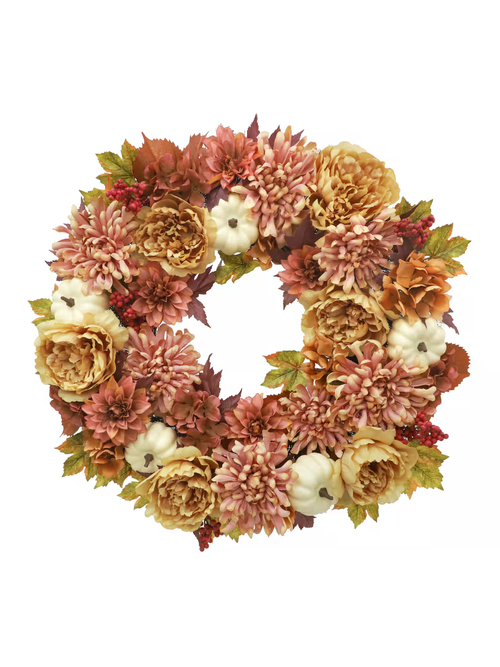 Pink Mum & Dahlia Wreath With Cream Pumpkins