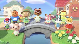 Best games like Animal Crossing: A group of villagers on a stone bridge during New Horizons. 