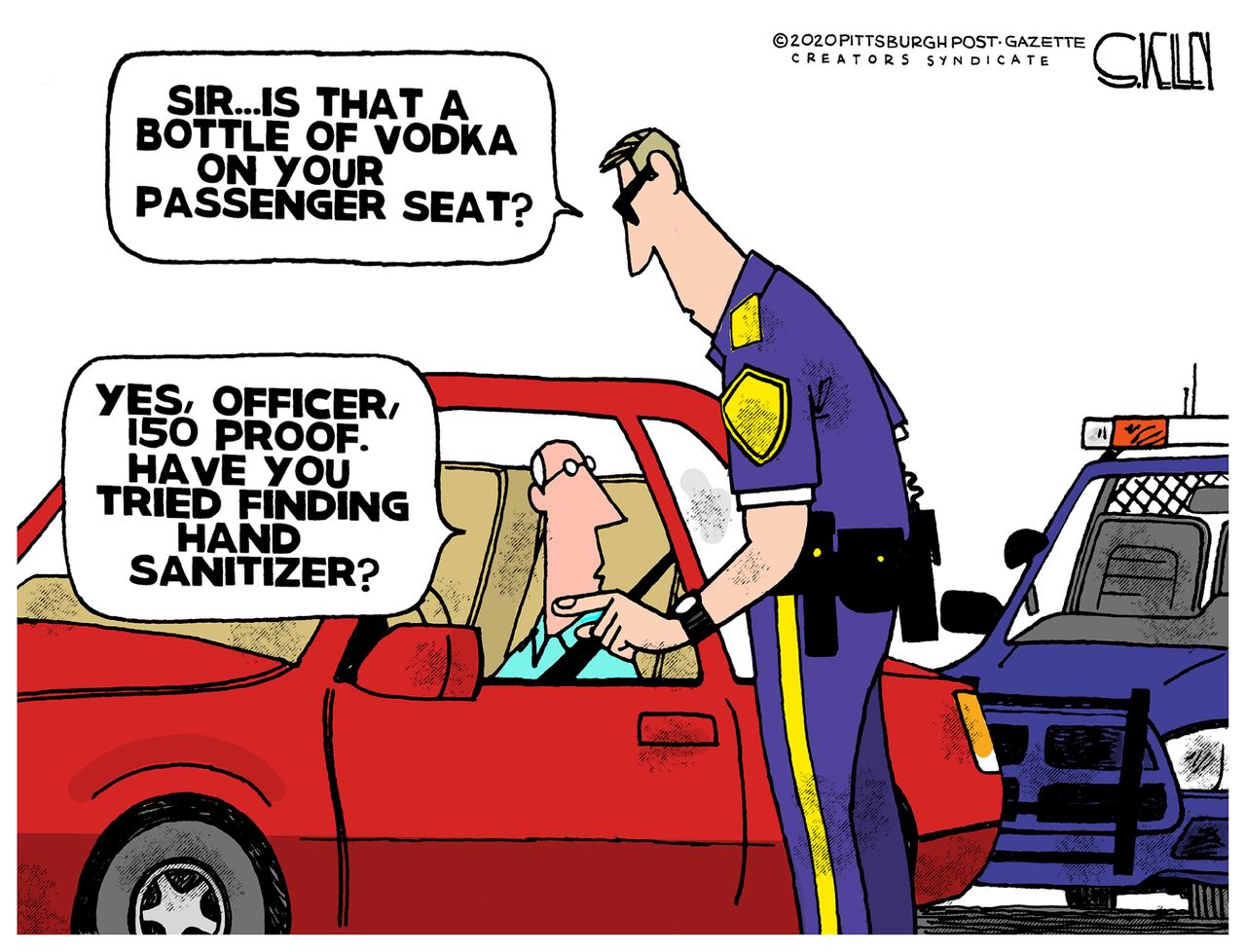 Editorial Cartoon U.S. police pulled over finding hand sanitizer coronavirus pandemic