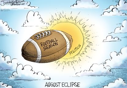 Political cartoon U.S. Football season August &nbsp;solar eclipse