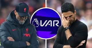 The VAR Table: The VAR logo alongside Arsenal and Liverpool managers Mikel Arteta and Jurgen Klopp respectively