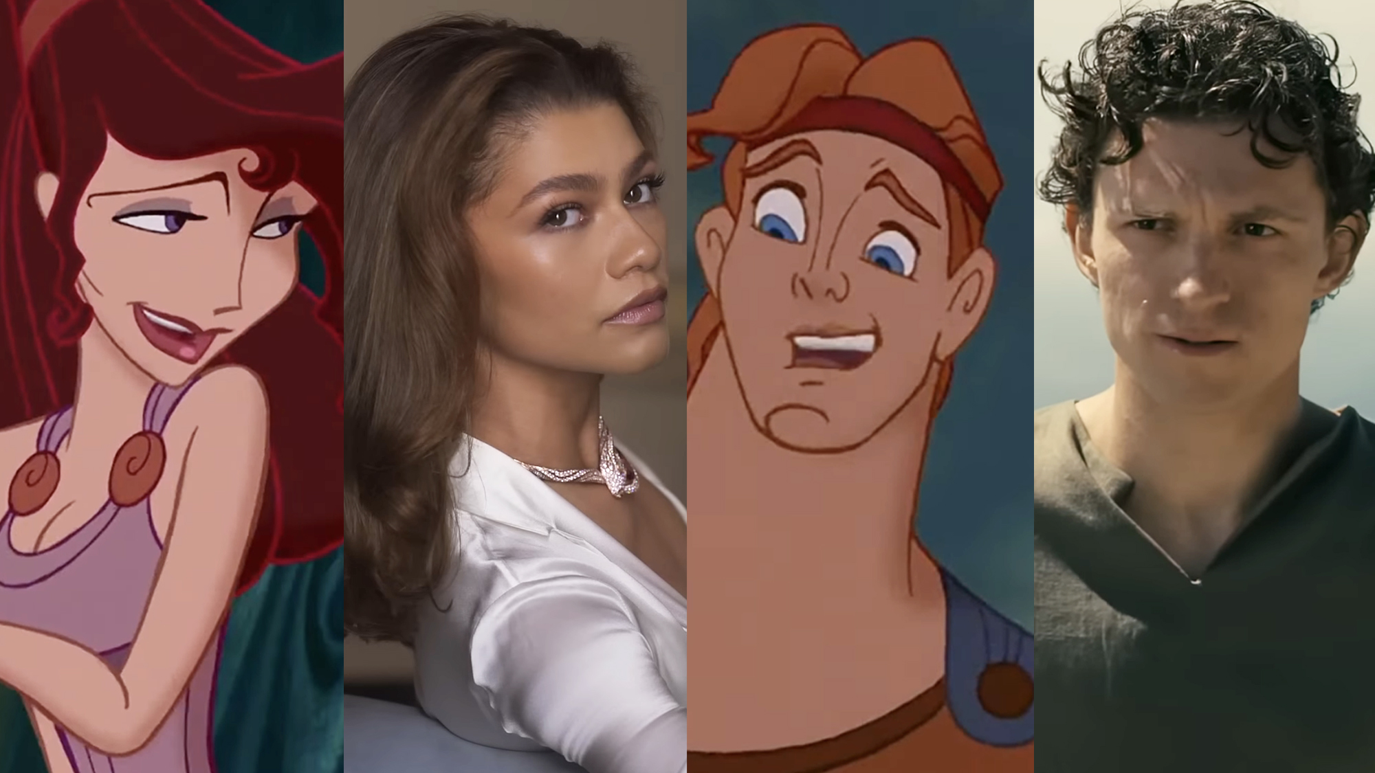 Meg and Hercules from Disney's animated feature Hercules (1997), Zendaya in a white satin top and necklace in a Bvlgari video ad on YouTube, Tom Holland as Telemachus in The Odyssey (2026).