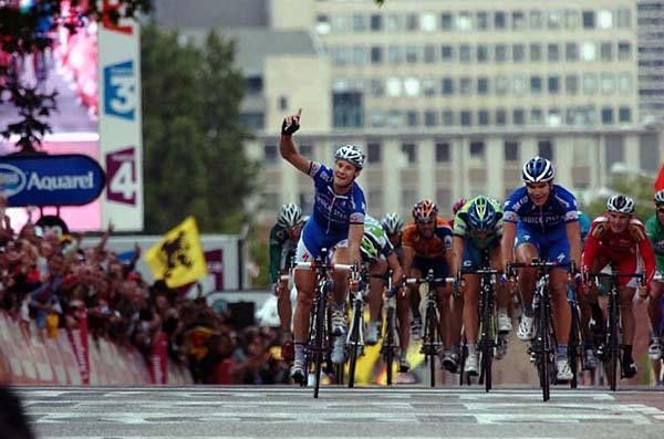 Boonen raises his arms but it is the man to his right, teammate Steegmans, who takes the stage.