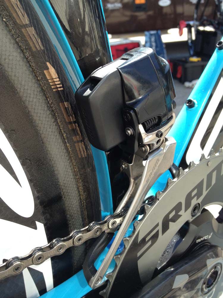 A close up look at the front electronic SRAM derailleur