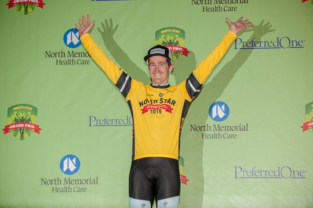 Ben Hill (Donkey Label) in the leaders jersey as the race heads to Cannon Falls for stage 3