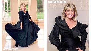 A composite shows two photos of Ruth Langsford wearing black dresses in a beautiful home