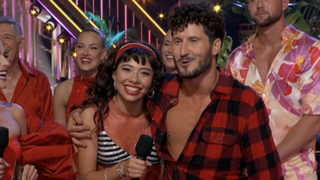 Xochitl Gomez and Val Chmerkovskiy after salsa on Dancing with the Stars