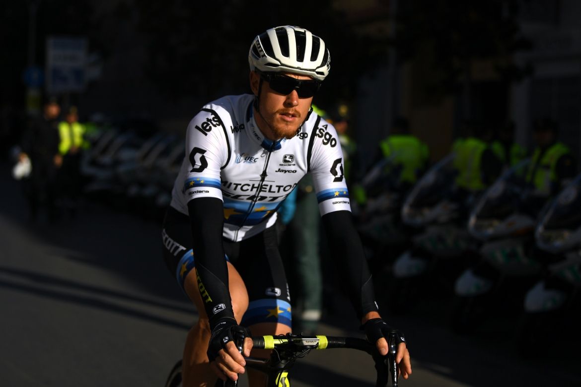European Champion Matteo Trentin rides to the start