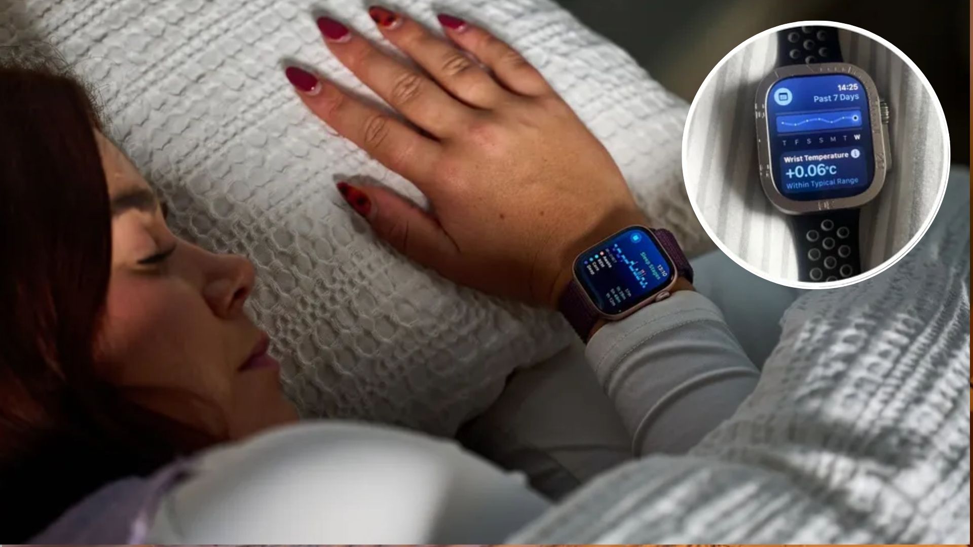 A close up of a dark haired woman asleep, with her head resting on a white pillow and with a white duvet placed over her. On her wrist, we see an Apple Watch tracking her sleep. 