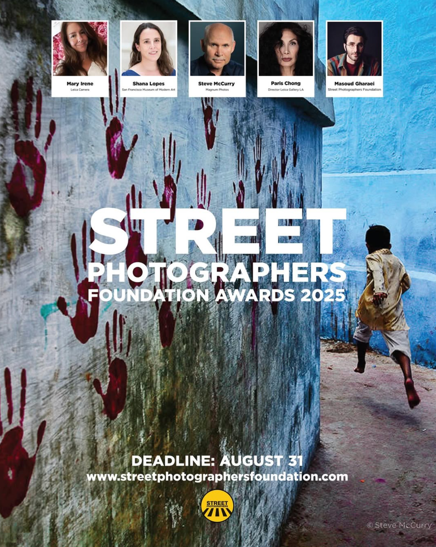 A child runs along a colorful wall marked with handprints, promoting the 2025 Street Photographers Foundation Awards with a deadline of August 31
