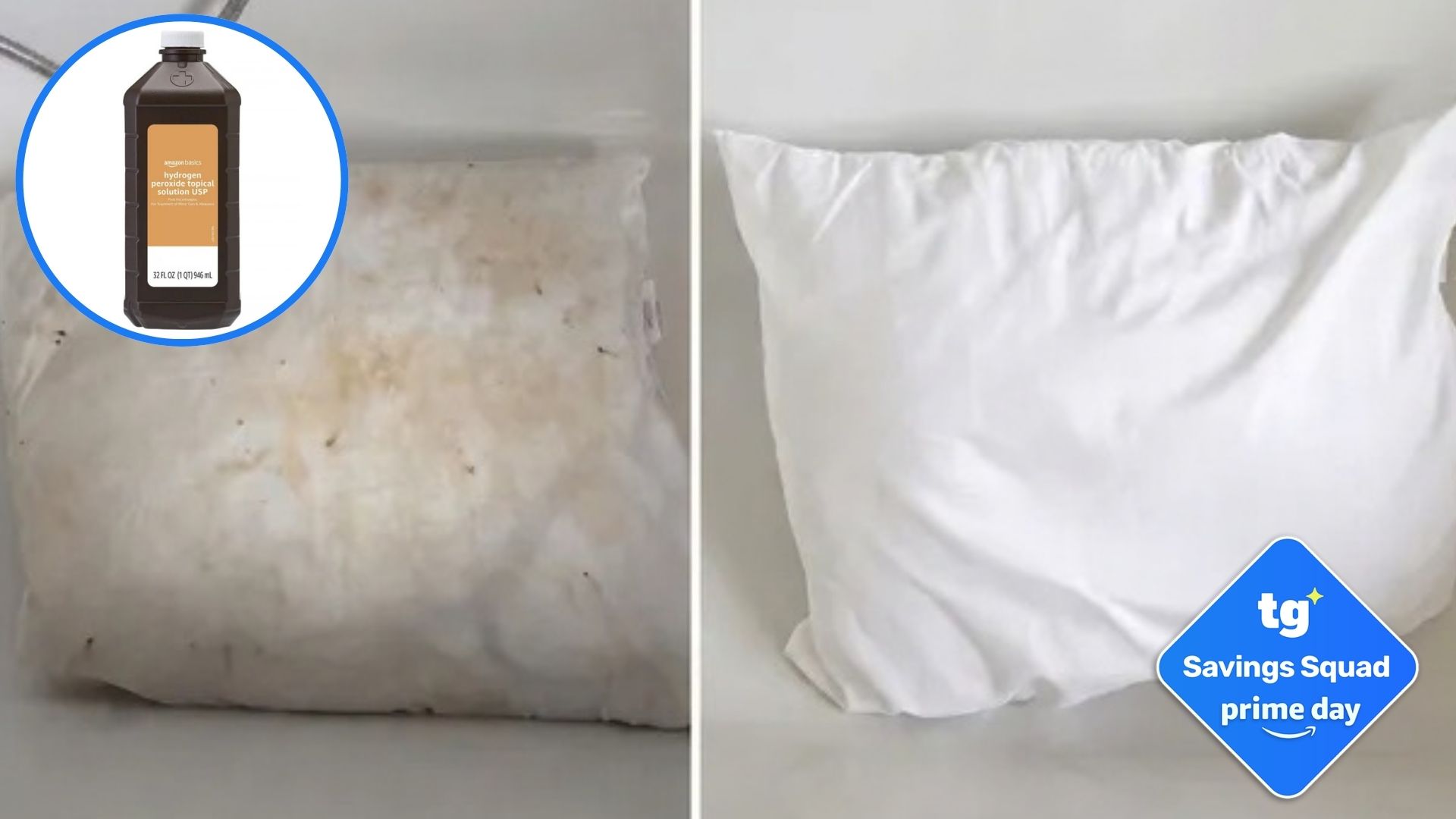 A split screen image showing a yellowed pillow on the left and the same pillow restored to bright white on the right following a pre-wash stain removal treatment