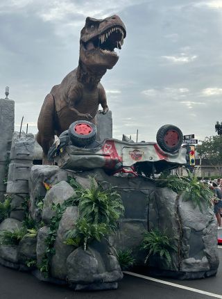 Jurassic World T-Rex looking intimidating during Universal Studio's Florida's new parade 2024.