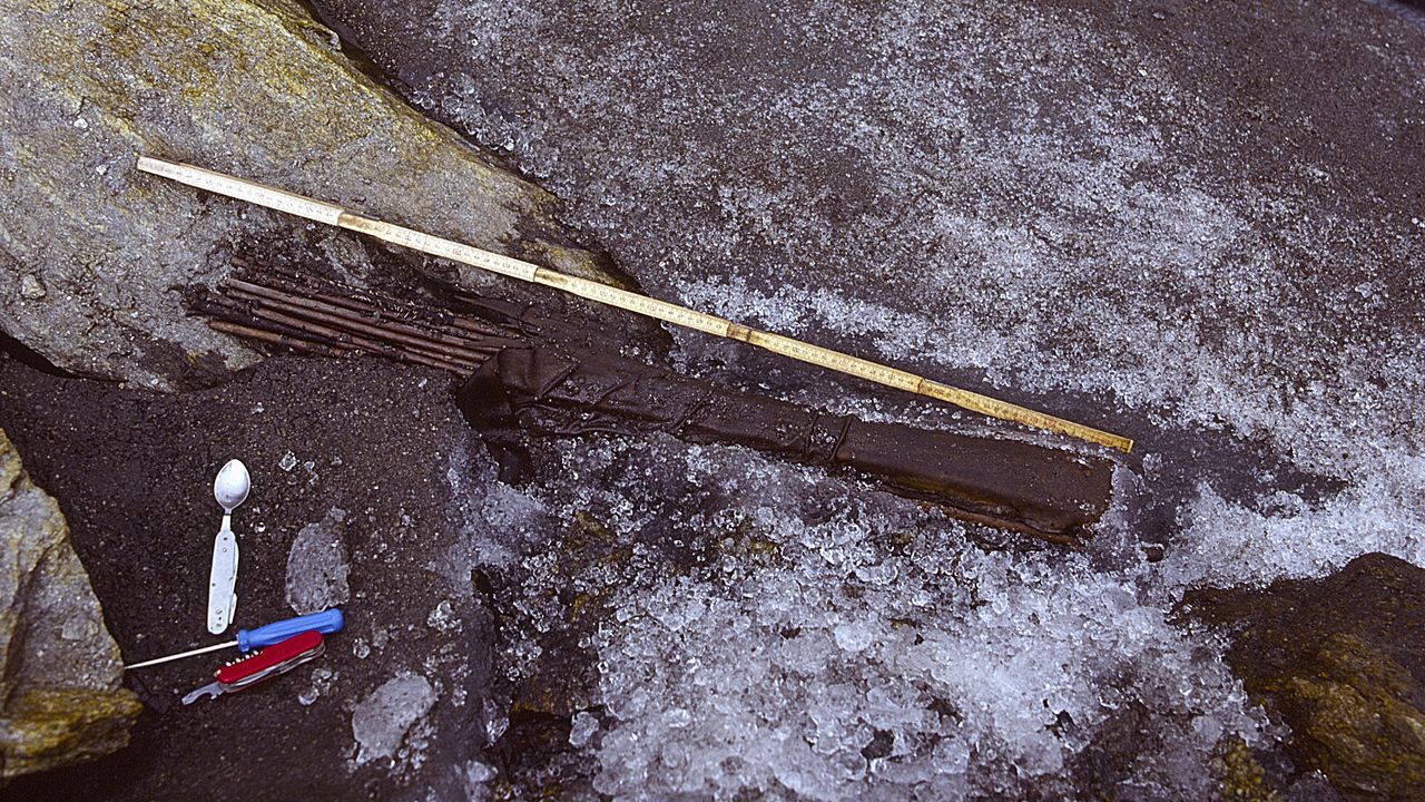 Several artefacts were found near &Ouml;tzi&rsquo;s remains, including this quiver with arrows. They're damaged, which was interpreted as a sign of conflict, but the new study proposes it might have been caused by the pressure of ice.