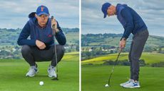 putting tips for beginners: Ged Walters reading and hitting a putt on the green