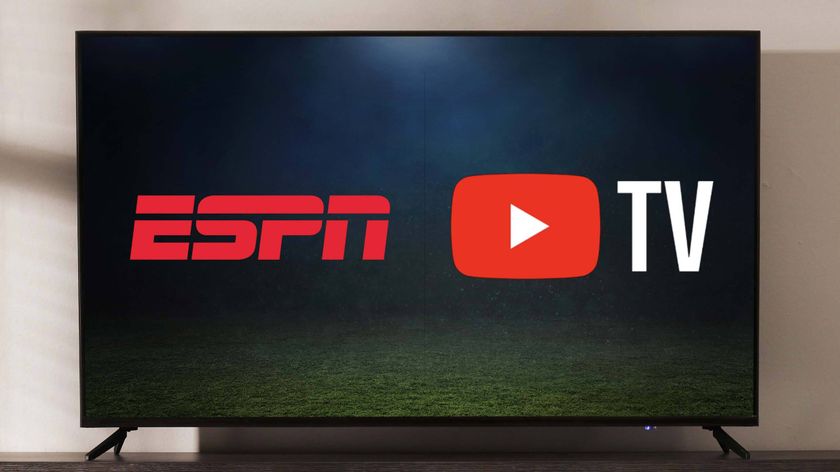 The logos for ESPN and YouTube TV superimposed on a TV display.