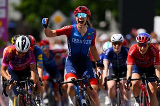 SCHMOLLN GERMANY JUNE 27 Martina Fidanza of Italy and Team CeratizitWNT Pro Cycling celebrates at finish line as stage winner ahead of Barbara Guarischi of Italy and Team SD WorxProtime and Maggie ColesLyster of Canada and Team Roland during the 36th Internationale LOTTO Thuringen Ladies Tour 2024 Stage 3 a 1446km stage from Erfurt to Erfurt on June 27 2024 in Schmolln Germany Photo by Luc ClaessenGetty Images