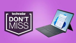 A Microsoft Surface Pro 7+ against a pink background