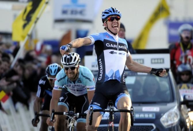 Sep Vanmarcke (Garmin-Barracuda) celebrates as he wins the sprint at the finish of the 67th Omloop Het Nieuwsblad