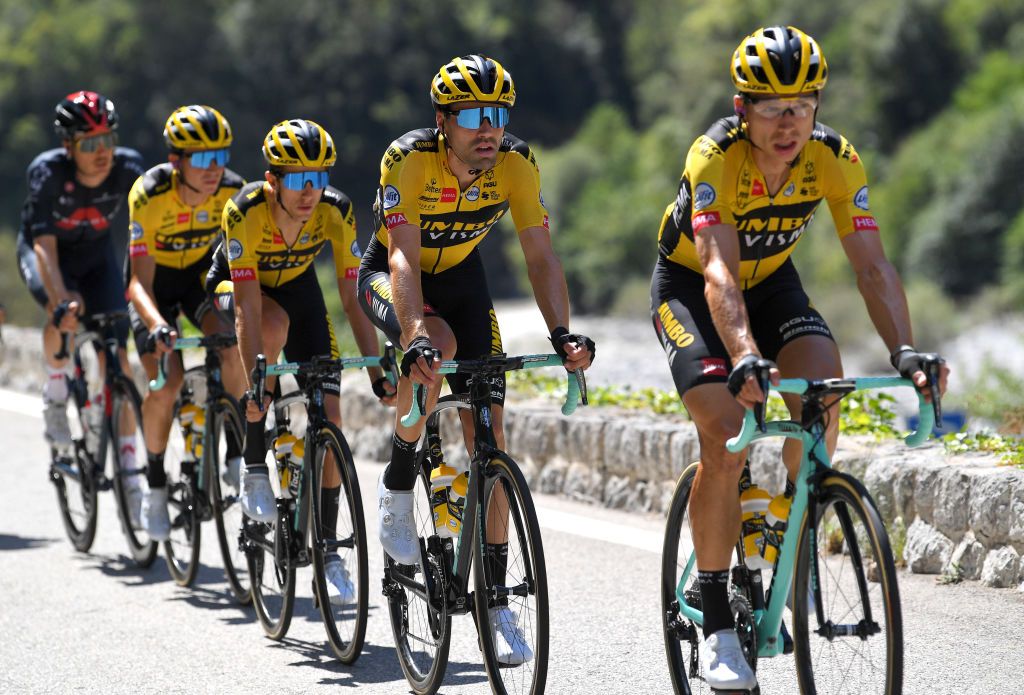 NICE FRANCE AUGUST 30 Tony Martin of Germany and Team Jumbo Visma Tom Dumoulin of The Netherlands and Team Jumbo Visma George Bennett of New Zealand and Team Jumbo Visma Sepp Kuss of The United States and Team Jumbo Visma during the 107th Tour de France 2020 Stage 2 a 186km stage from Nice Haut Pays to Nice TDF2020 LeTour on August 30 2020 in Nice France Photo by Tim de WaeleGetty Images