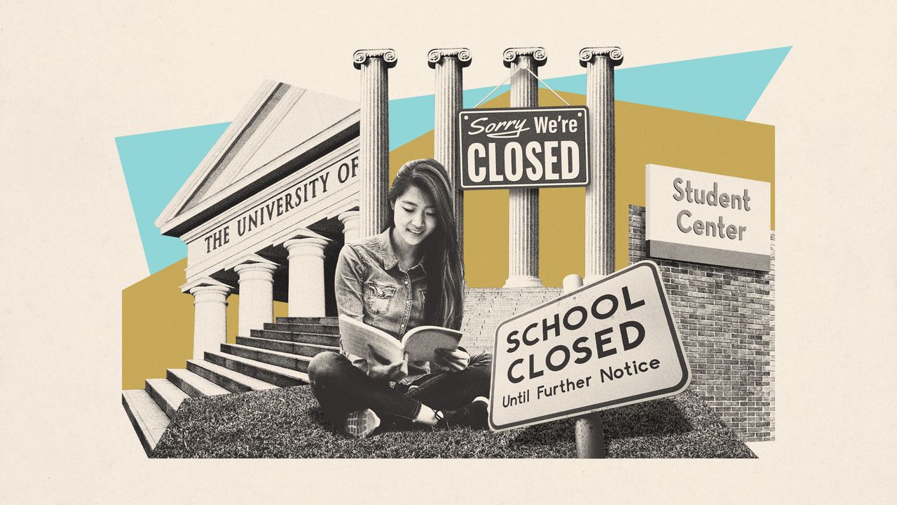 Illustration of a student reading a textbook outside a photo montage of college buildings and &#039;closed&#039; signs