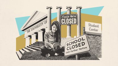 Illustration of a student reading a textbook outside a photo montage of college buildings and &#039;closed&#039; signs