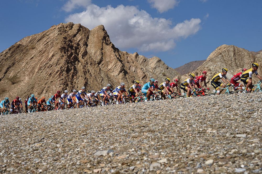 The pack rides during the second stage of seventh cycling Tour of Oman