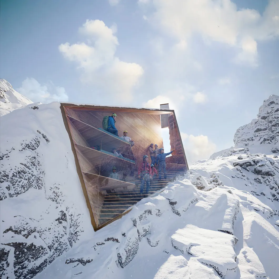 image of mountain bivouac among snow, render