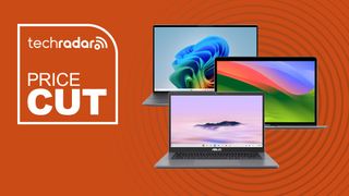 Dell XPS 13, MacBook Air M1 and Asus Chromebook on an orange background next to TechRadar price cut logo