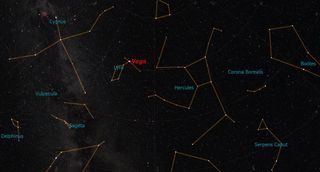 Per trovare la stella Vega nella costellazione della Lira, guarda direttamente in alto. Il Nord si trova nella parte superiore della mappa del cielo.