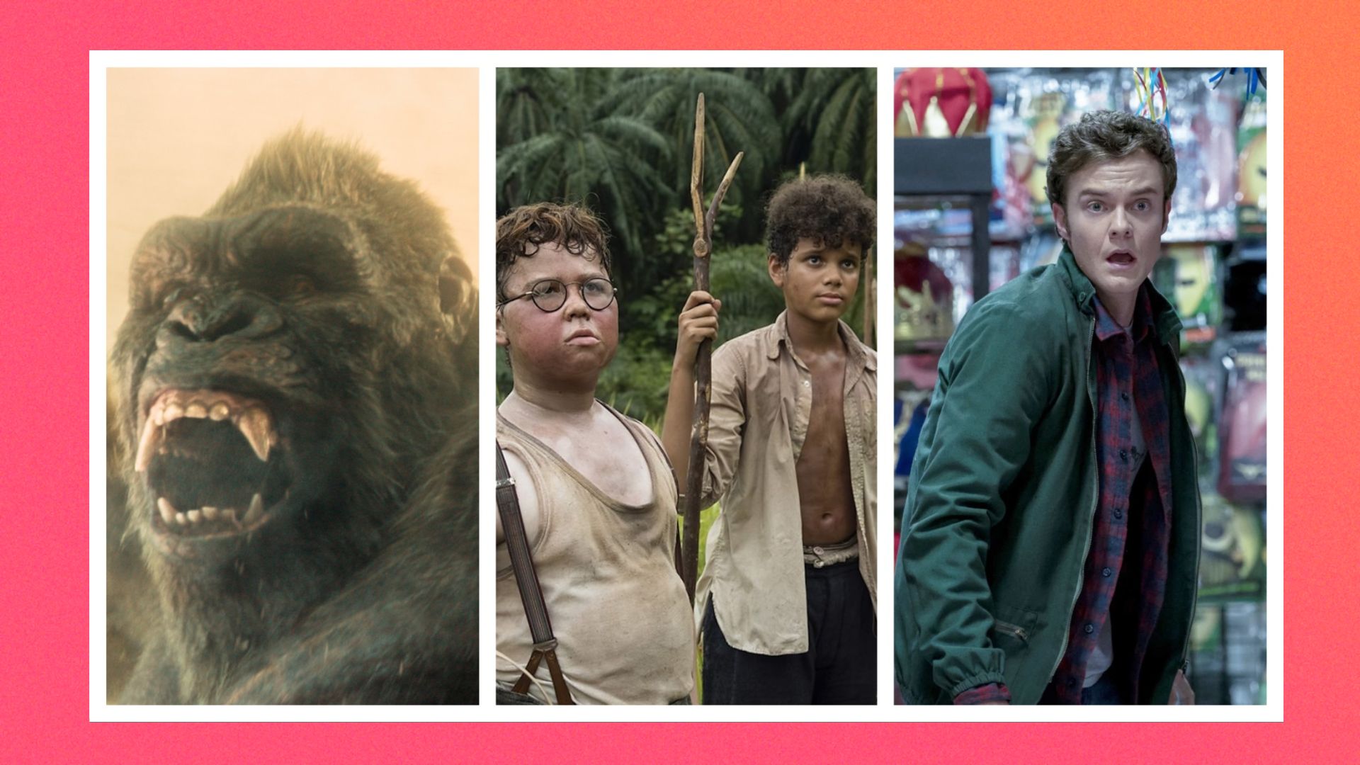 Three images sliced together from left to right: Monarch / Lord of the Flies / The Boys 