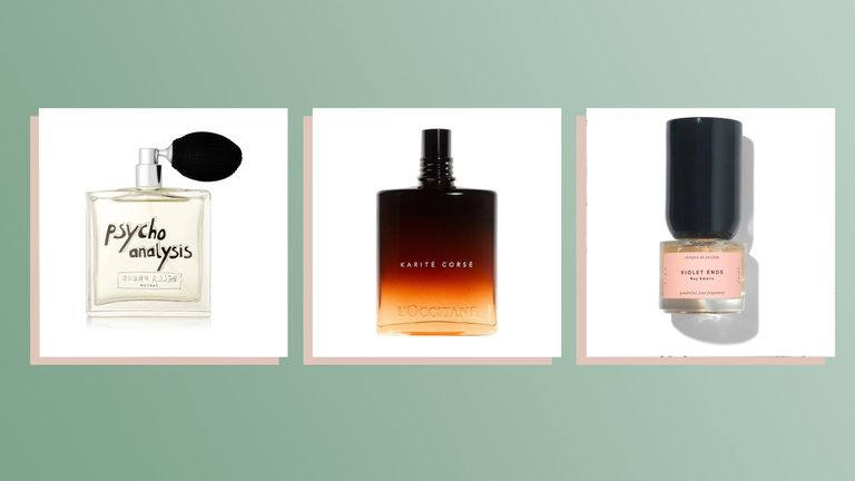 Collage of three unisex fragrance on a green background including boy smells, L'Occitane and bella freud 