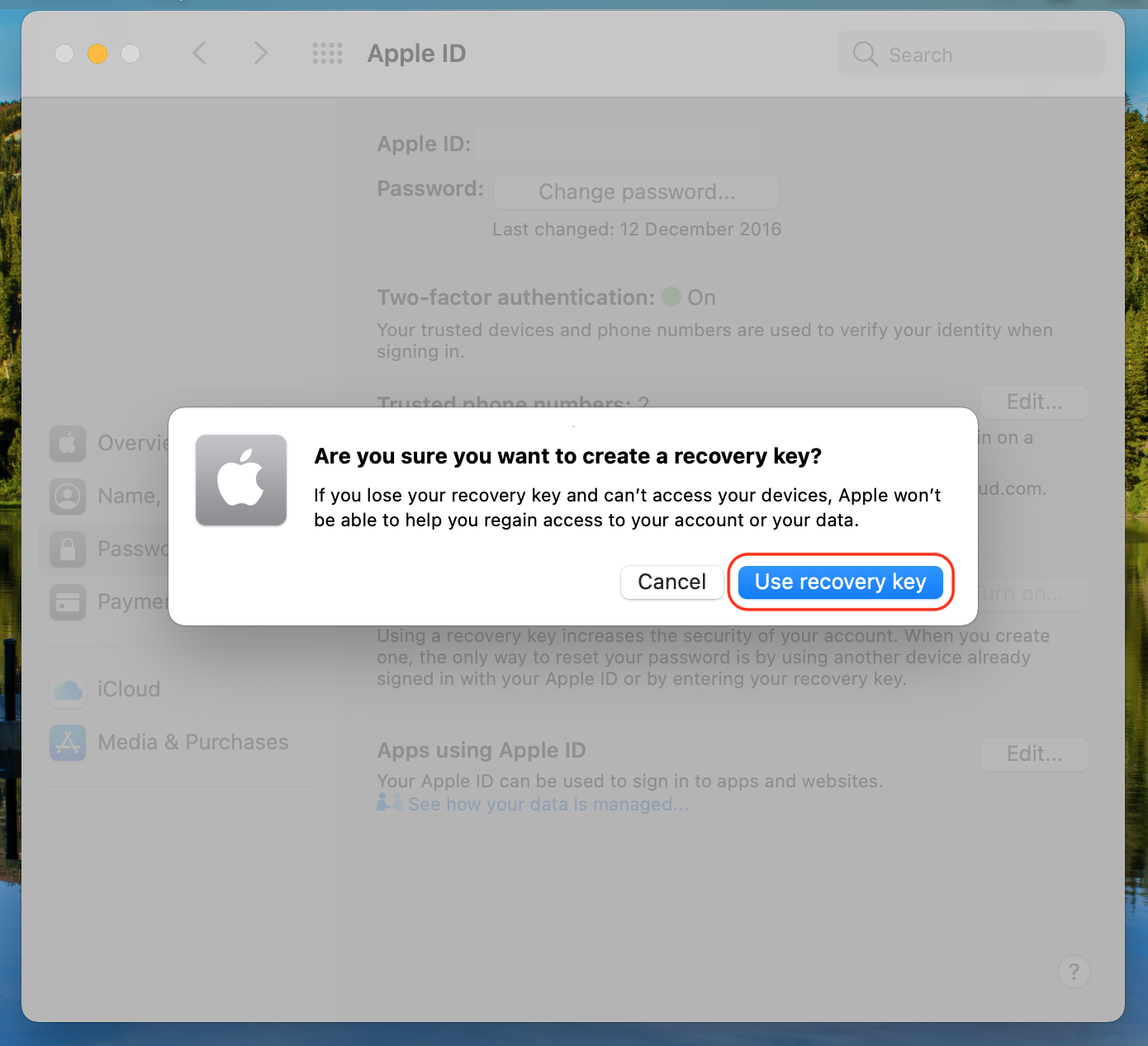 Как настроить ключ восстановления Apple ID на Mac