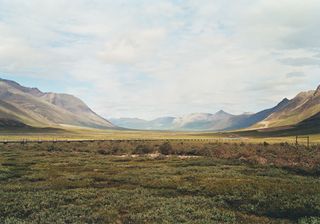 A landscape of Brooks Range, Alaska with pipeline.
