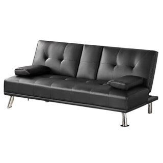 Renwick Luxurygoods Modern Faux Leather Futon With Cupholders and Pillows, Black