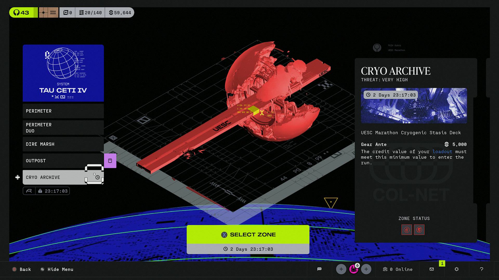 Marathon Cryo Archive zone selection screen