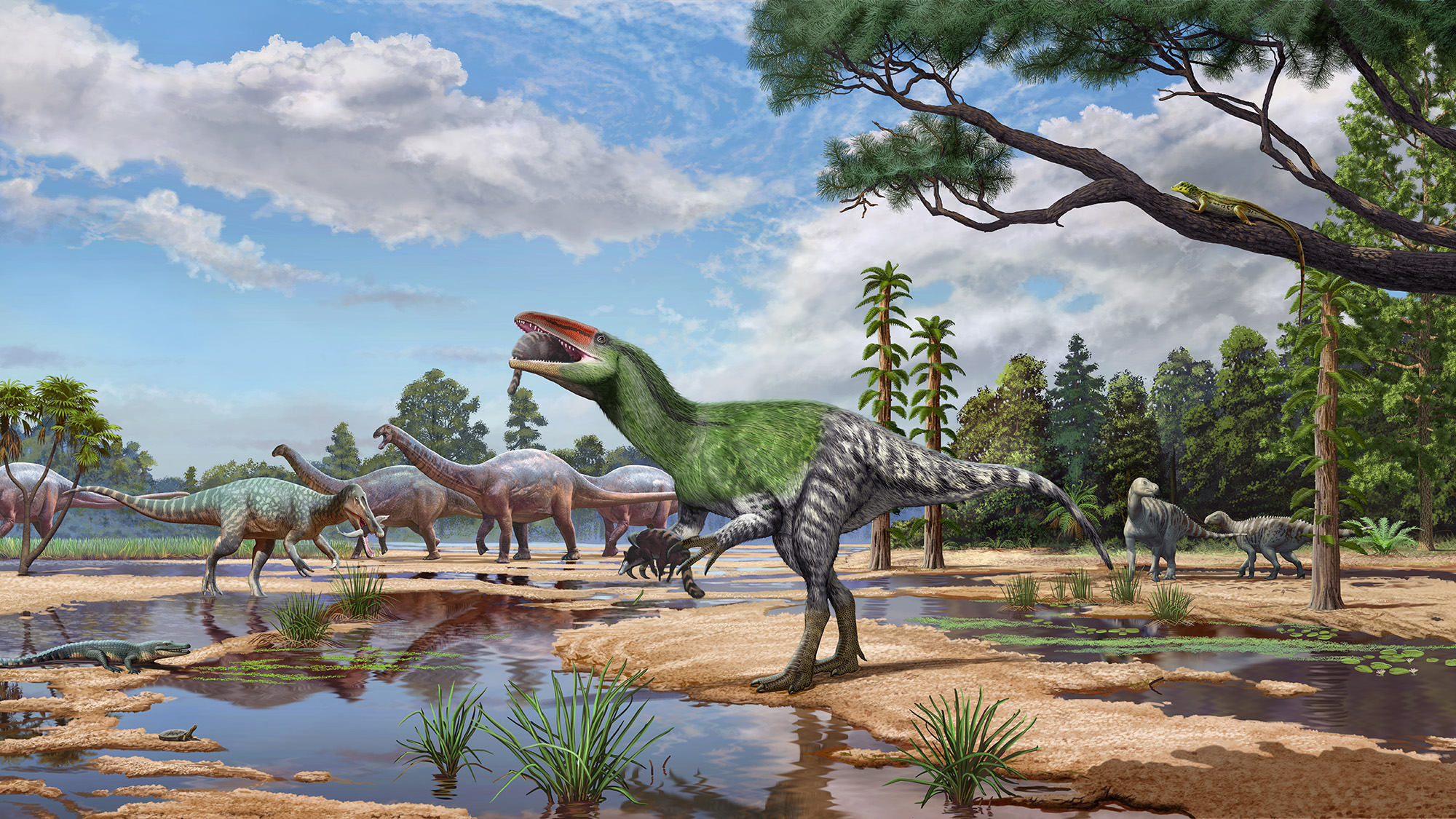 An illustration of a green and striped two-legged raptor at the edge of a pond with four-legged dinosaurs behind it.