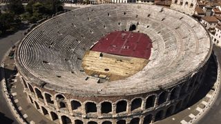 An aerial shot of Verona Arena, the venue for the 2026 Winter Olympics Closing Ceremony